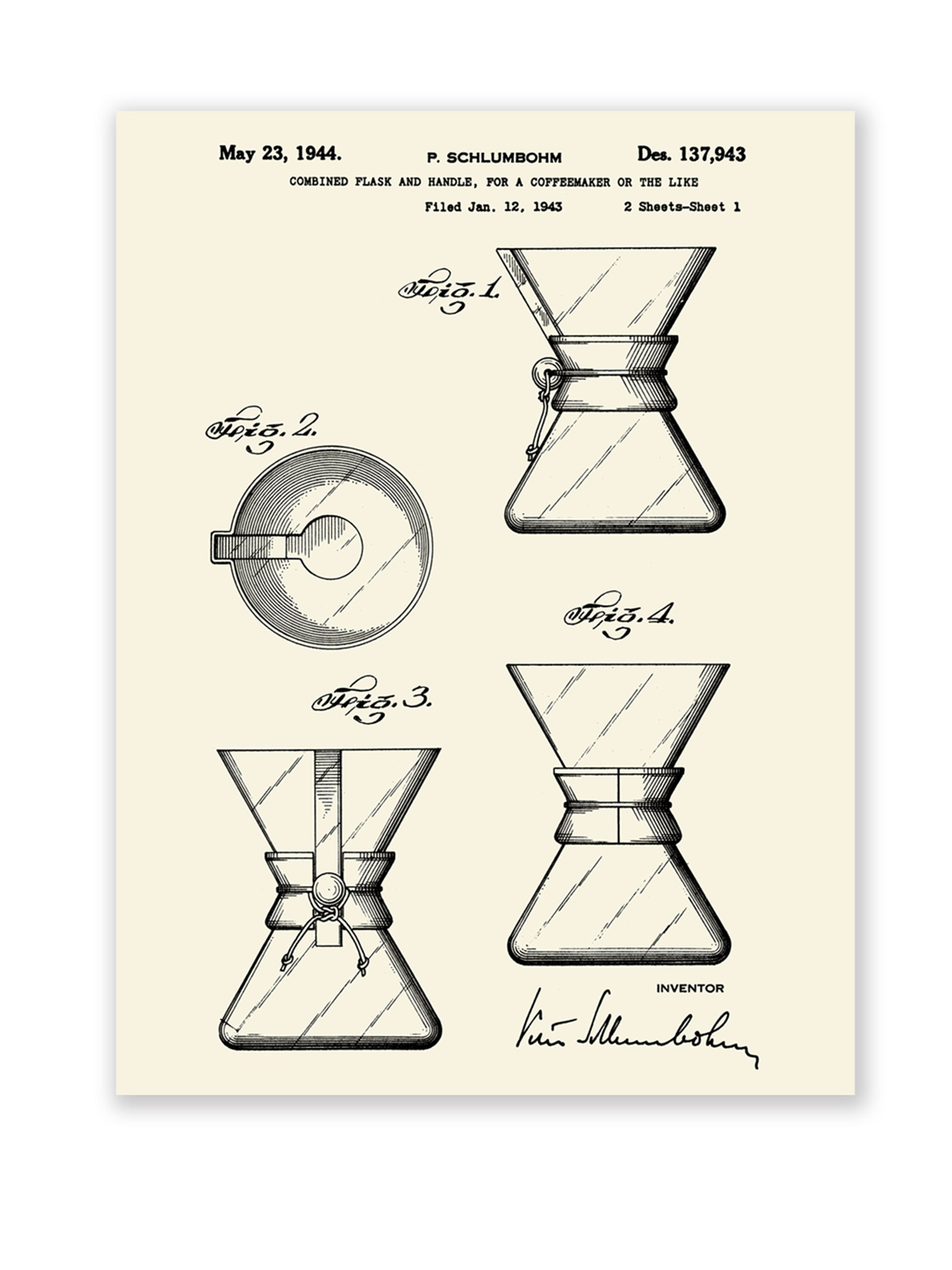 CHEMEX® Coffeemaker 1944 Patent Poster – Chemex Coffeemakers & Filters