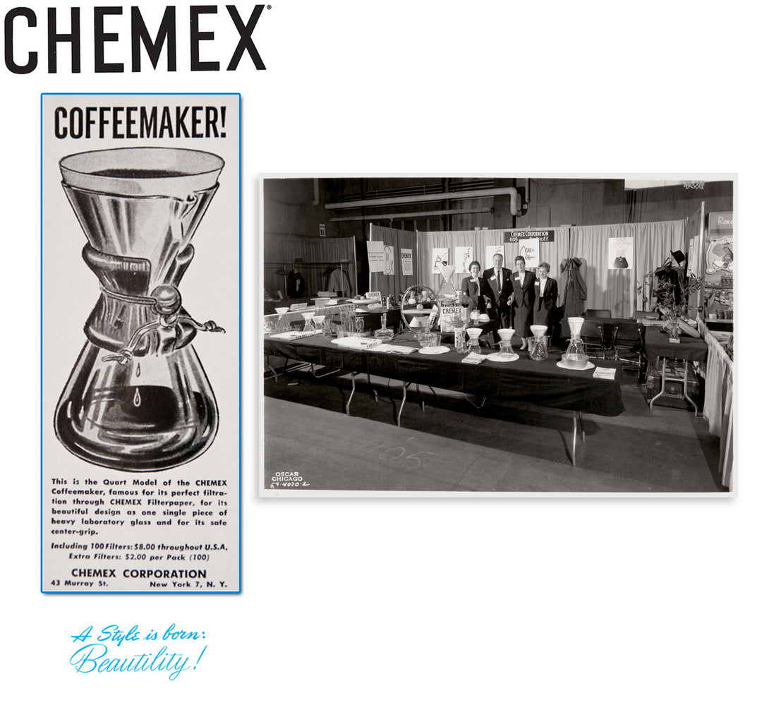 Chemex coffee maker advertisement with a historical photo of CHEMEX at the Chicago houseware show.
