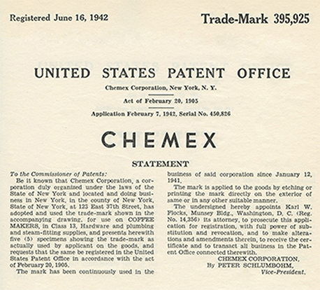 Chemex U.S. Trade-Mark 395,925, registered June 16 1942