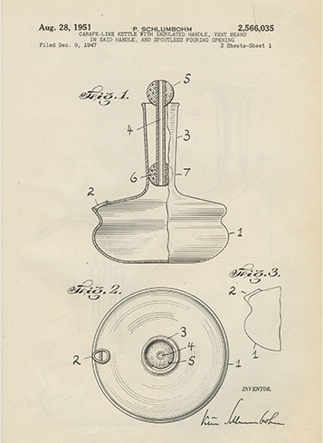 Schlumbohm carafe-like kettle patent 2,566,035 — insulated handle, vent means, spoutless pouring opening