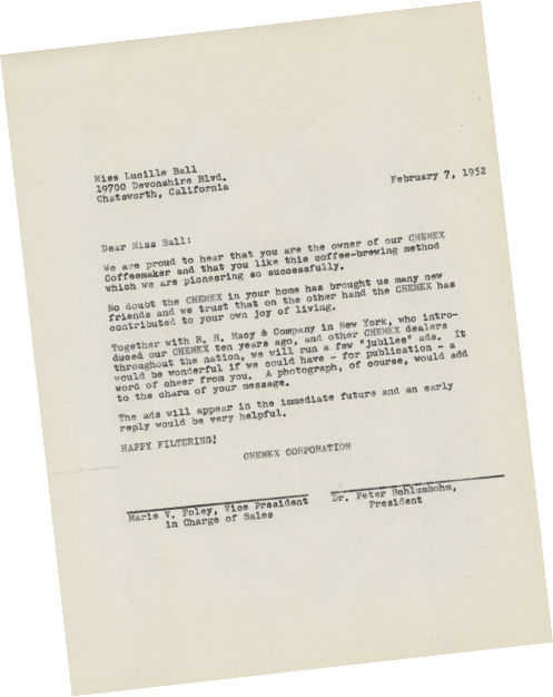 Chemex Corporation 1952 endorsement letter to Lucille Ball
