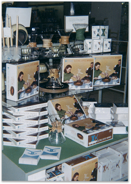 Vintage Chemex in-store display, 1970s — packaging stacks and Electric Coffee Warmer boxes