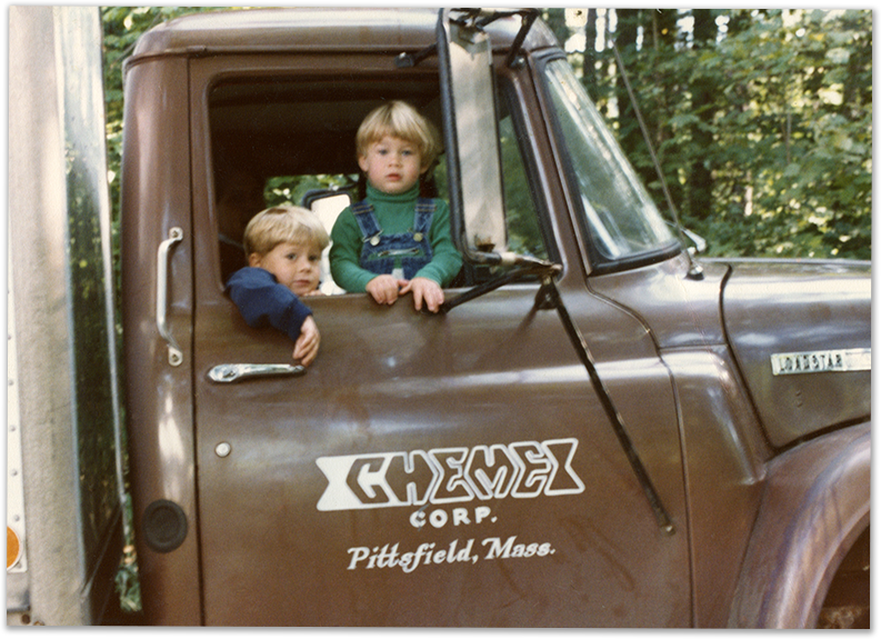 Chemex Corp delivery truck, Pittsfield, Mass., October 1982 — Adams and Grassy boys in the cab