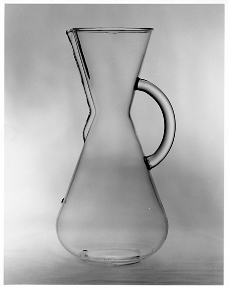 Vintage black-and-white photograph of the original Chemex Glass Handle coffeemaker