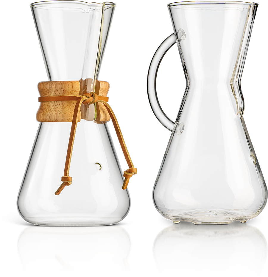 Chemex Pint-Size pair — Classic CM-1C (left) and Glass-Handle CM-1GH (right), 1-cup brewers