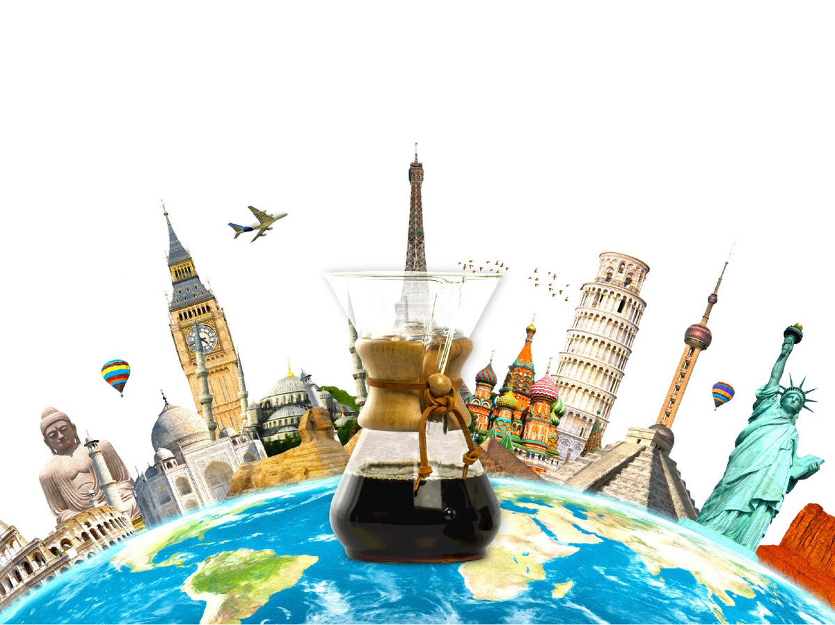 Chemex 2007 era — coffeemaker centered on globe with world landmarks rising, representing global brand reach