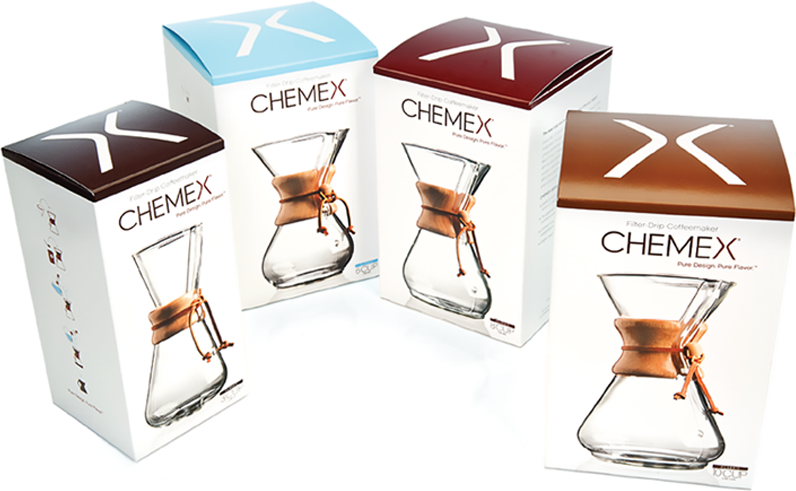 Chemex 2013 packaging refresh — four coffeemaker box variants with new X-mark colour palette