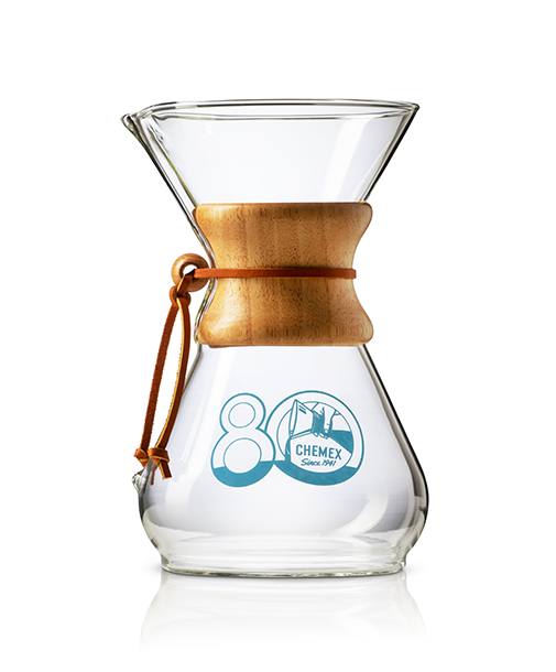 The CHEMEX 80th Anniversary Classic Decal coffeemaker — handblown brewer with commemorative 80 since 1941 blue decal, 2021