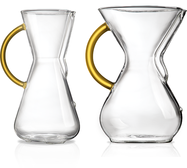 CHEMEX Color Glass Handle coffeemakers — pair with yellow glass handles in 3-cup and 6-cup sizes, 2023