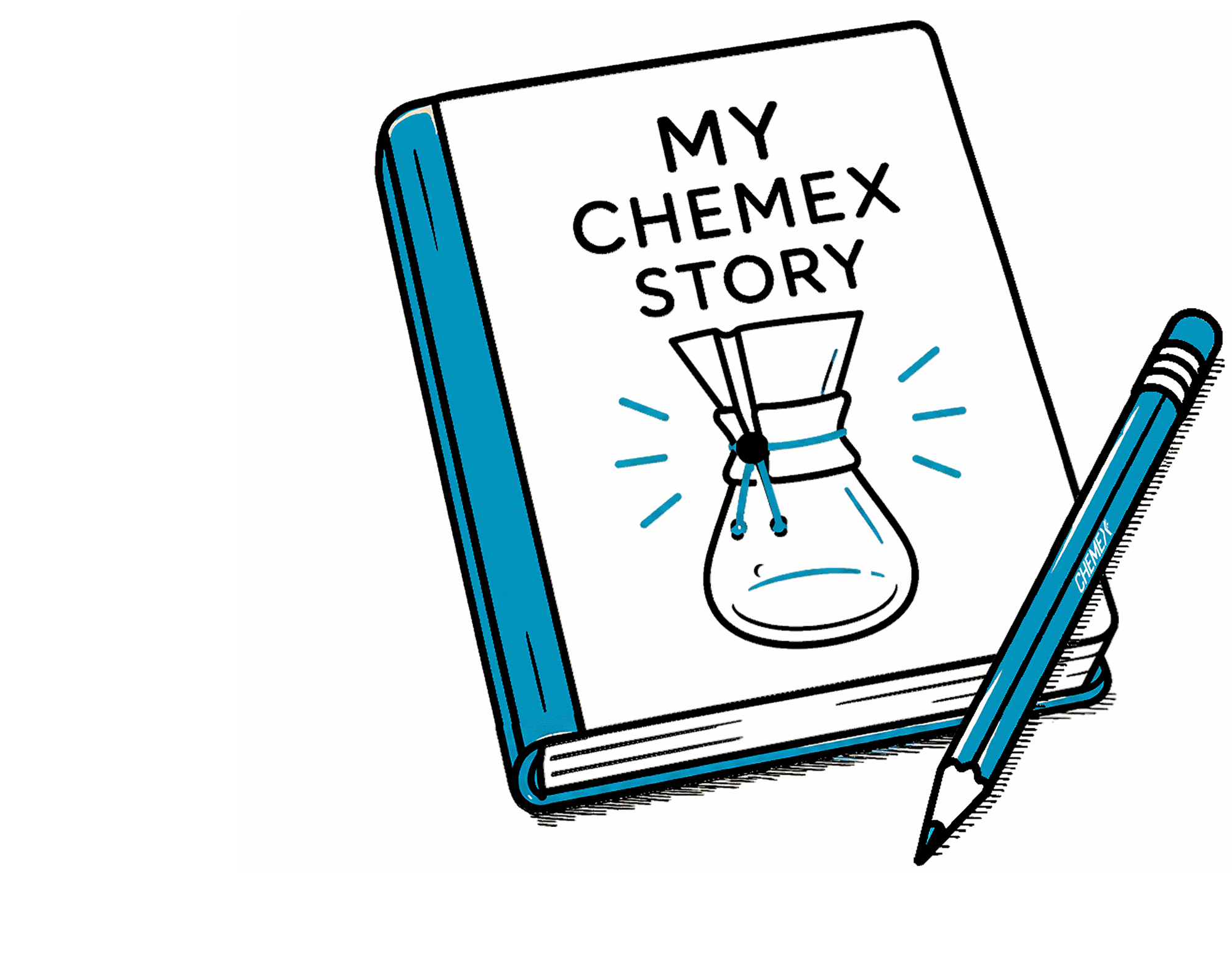 An illustration of book and pencil, the book cover says My CHEMEX Story