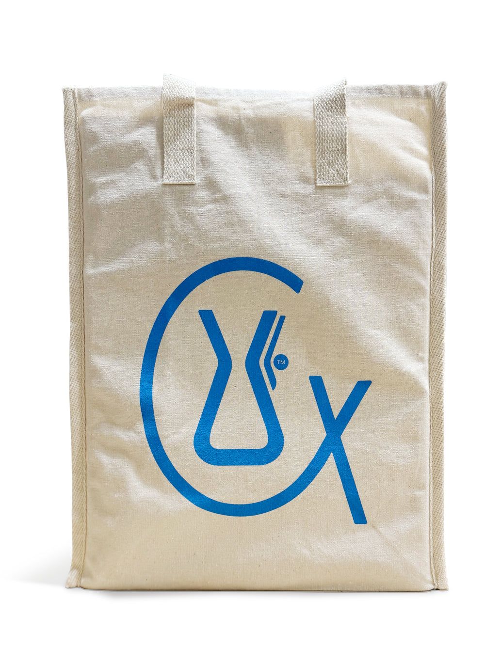 Back of CHEMEX Tote Bag, featuring the CX symbol graphic in blue 