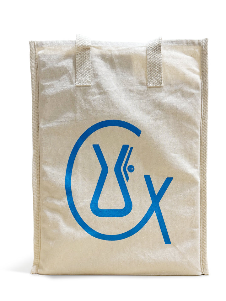 Back of CHEMEX Tote Bag, featuring the CX symbol graphic in blue 