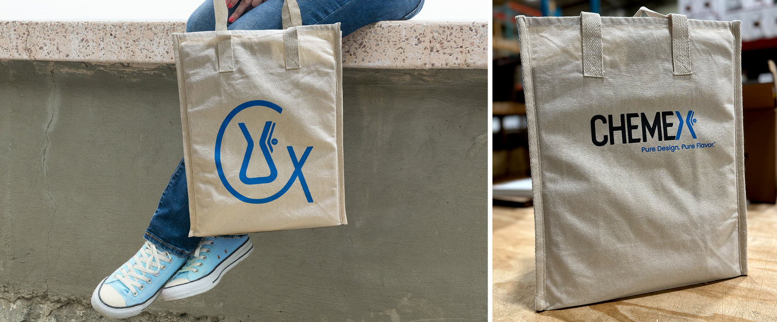 Chemex tote bag with blue logo on a concrete ledge, and another chemex tote bag with 'Chemex' logo on a wooden surface.