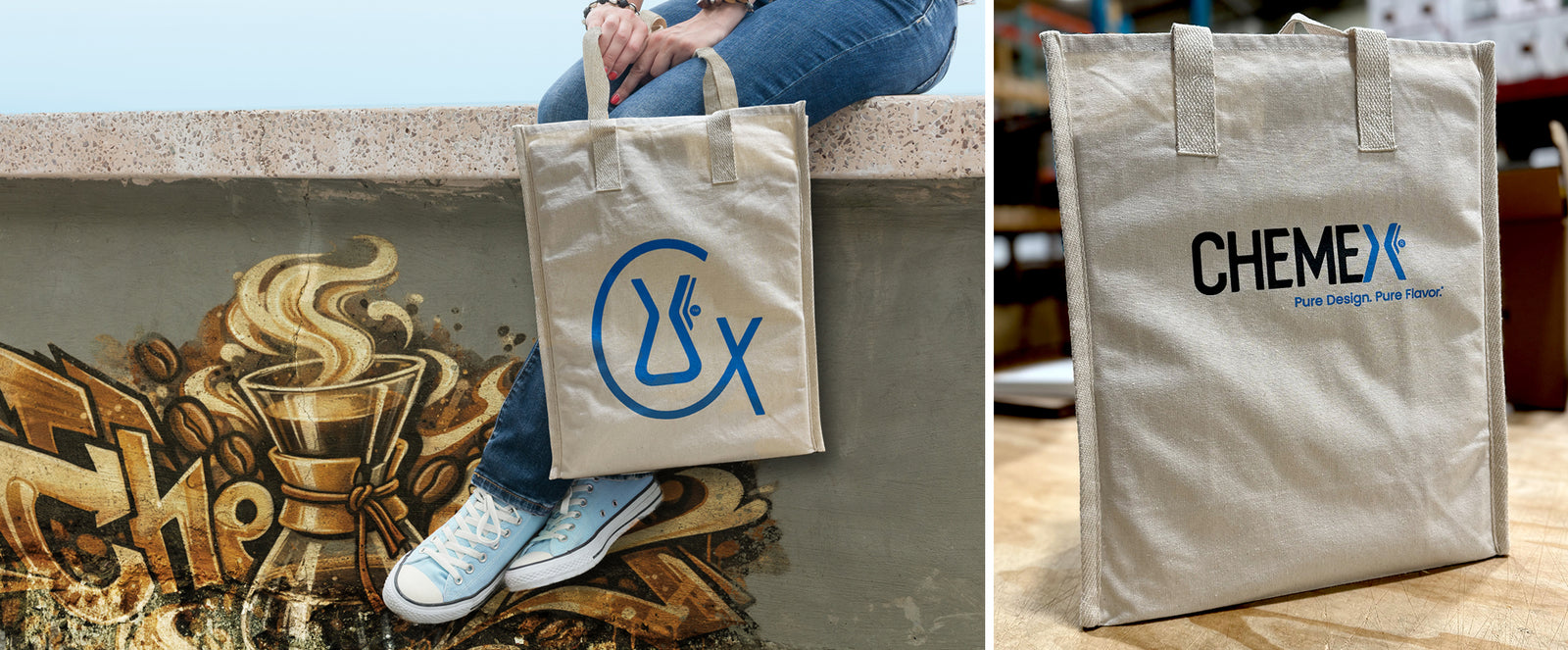 Photo on the left: Natural cotton tote bag with Chemex logo held by a person sitting on a ledge with graffiti. Photo on the right: Chemex tote bag with logo sitting on a wooden table.